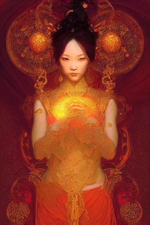 Image similar to tarot card artstation, portrait of an asian love dancer, sunrise, baroque ornamnet and rococo ornament, ancient chinese ornate, hyperdetailed, beautiful lighting, craig mullins, mucha, klimt, yoshitaka amano, red and gold and orange color palatte