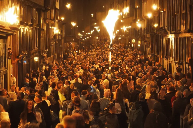 Image similar to medieval london street crowded night time torch lit