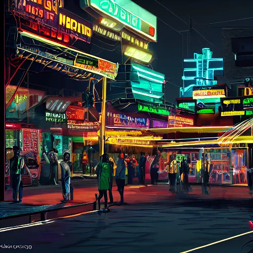 Prompt: ashanti city of the future, street scene, ashanti neon lights, high definition, detailed, futuristic, night scene, realistic