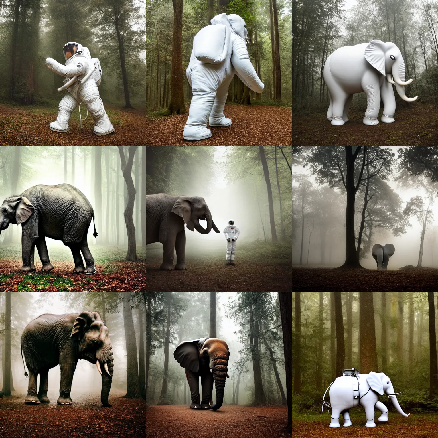 Prompt: giant elephant in white spacesuit as astronaut elephant in the woods, foggy mood, overcast bokeh - c 5