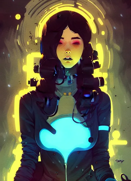 Image similar to highly detailed portrait of an electric woman, by atey ghailan, by greg rutkowski, by greg tocchini, by james gilleard, by joe fenton, by kaethe butcher, gradient blue, black, brown and cyan color scheme, grunge aesthetic!!! ( ( graffiti tag wall background ) )