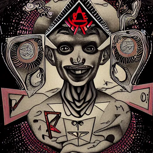 Prompt: portre of an autistic demon on acid, masonic and kabalistic symbols in background, digital art, 8k, delicate details