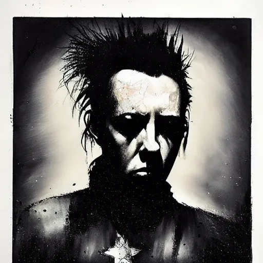 Image similar to stunning portrait of gaunt joe strummer a ( the cure fan ) as dream from sandman, dim stars as eyes, by jeremy mann, by cedric peyravernay, by by russ mills, by richard avedon and ben templesmith, dramatic lightning, sadness, dark eye sockets, in the shadows, punk rock, gothic, high detailed, 8 k