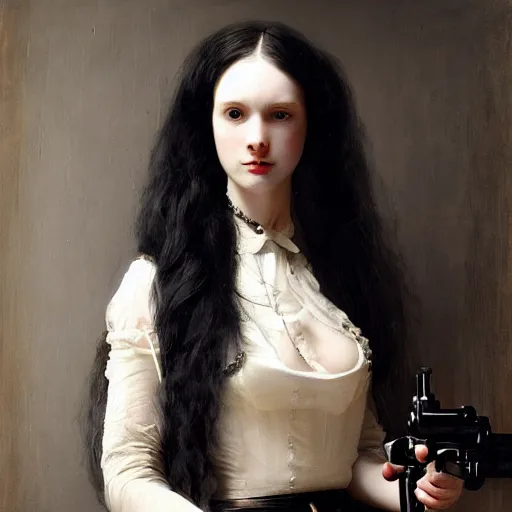 Image similar to a beautiful young woman, pale skin, black long hair, aristocrat, black expensive dress from 1 8 6 0, holding a rifle, oil painting, digital art, studio photo, realistic, artstation, high quality, wild west