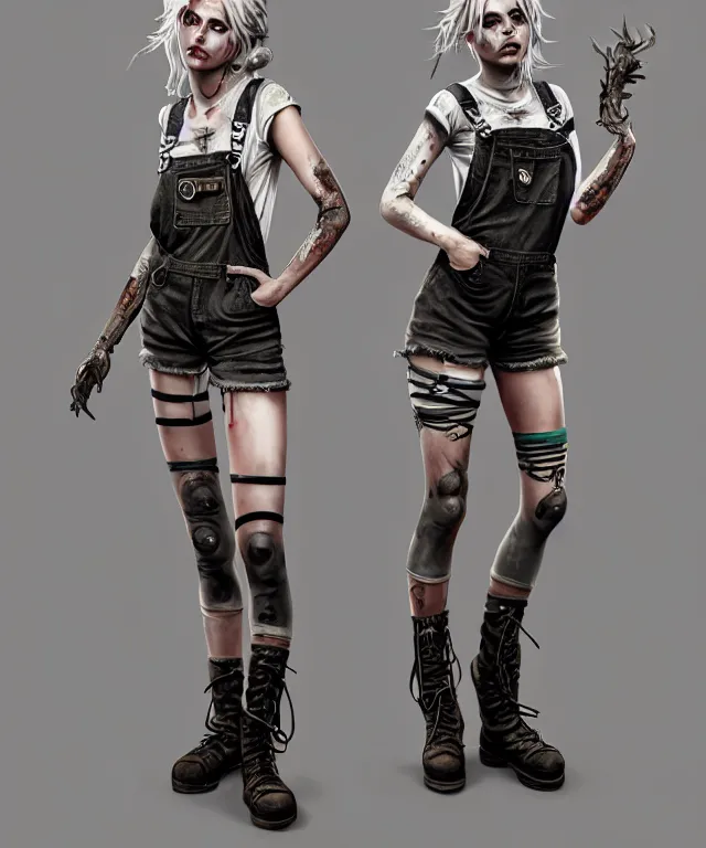 Image similar to full body pose, grungy, dirty ciri, torn overalls, short shorts, combat boots, fishnets, beautiful, highly detailed face, true anatomy!, extremely detailed!, digital painting, unreal engine 5, art by tom bagshaw