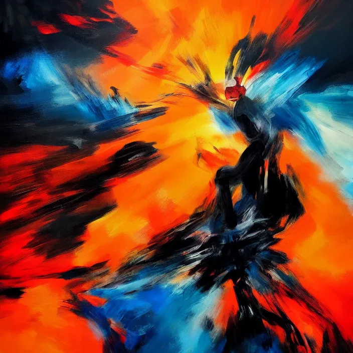 Image similar to abstract, a thin, fit man's body explodes in abstract, thick flowing dramatic brush strokes, strong wind, black background, matte colors, impressionist, extreme motion, trending on artstation