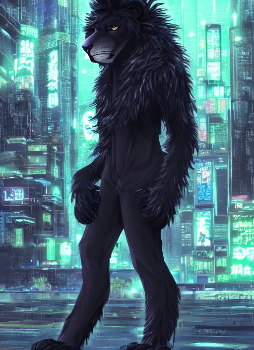 Image similar to character portrait of a male anthro black lion fursona with a cute beautiful attractive detailed furry face wearing stylish cyberpunk clothes in a cyberpunk city at night while it rains. hidari, color page, tankoban, 4K, tone mapping, Akihiko Yoshida.