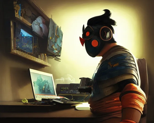 Image similar to an insanely detailed painting of a slightly chubby, nerdy asian man wearing a superhero costume and mask, sitting at a desk, staring at the nervously at the computer and typing, in the style of peter mohrbacher, dramatic lighting and composition, octane render, trending on artstation, concept art, comic book, view from behind