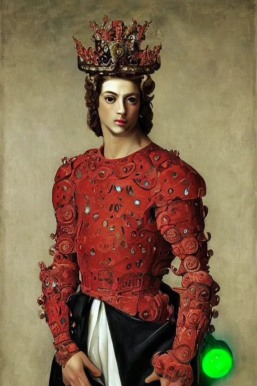 Prompt: full-body sculpture of a young handsome Spanish prince as a half cibernetic android with a glowing green diamong in his chest, pink laser beams coming out of his eyes, crown of giant jewels, flowing neon-colored silk, human skull mask, geometric shapes in a cyperbunk and baroque style. intricate artwork by caravaggio. Trending on artstation, octane render, cinematic lighting from the right, hyper realism, octane render, 8k, depth of field, 3D