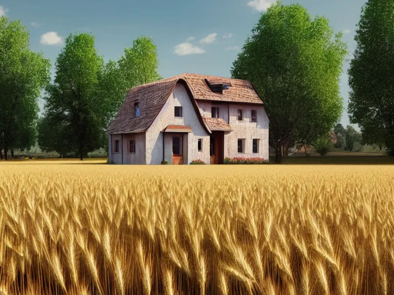 Image similar to hyperrealism concept art design of beautiful house in small ukrainian village, wheat field behind the house