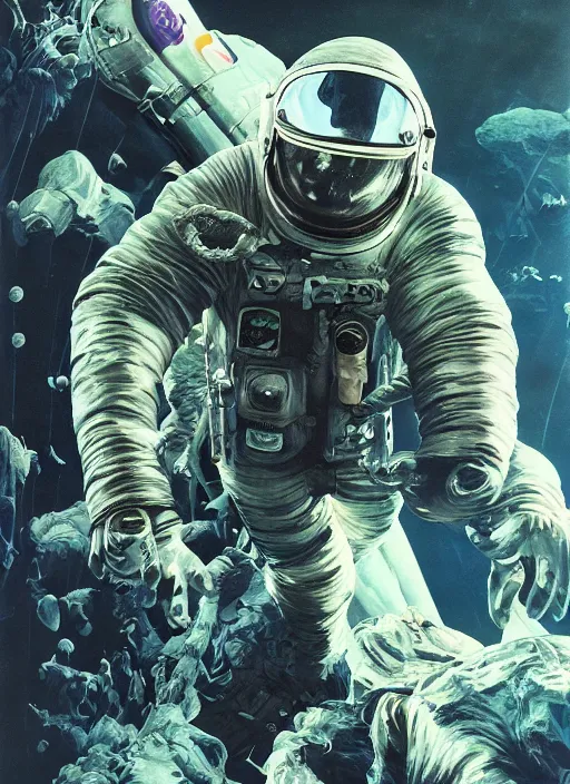 Prompt: astronaut in dark void underwater - complex and hyperdetailed technical suit design. reflection and dispersion materials. rays and dispersion of light. volumetric light. f / 3 2. noise film photo. flash photography. ultra realistic, 5 0 mm. poster by wayne barlowe, hajime sorayama aaron horkey, craig mullins