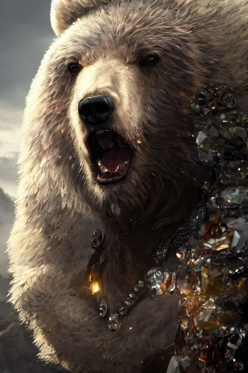 Image similar to a portrait of a crystalized bear god by Greg Rutkowski, Sung Choi, Mitchell Mohrhauser, Maciej Kuciara, Johnson Ting, Maxim Verehin, Peter Konig, final fantasy , mythical, 8k photorealistic, cinematic lighting, HD, high details, atmospheric,