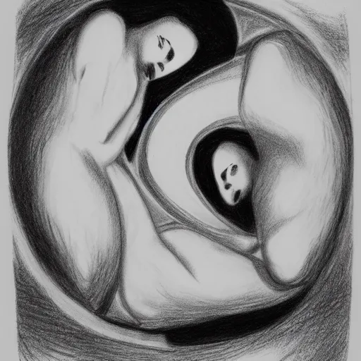 Image similar to a drawing of a pregnant woman giving birth to emerging yin - yang daoist symbol emerging from womb, black and white detailed pencil drawing dao