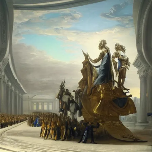 Image similar to sci fi car transport design organic smooth elastic forms 30% of canvas; wall structure on the coronation of napoleon painting 20% of canvas; by Jacques-Louis David, pinterest keyshot product render, cloudy plastic ceramic material shiny gloss water reflections, ultra high detail ultra realism, 4k