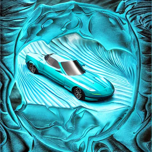 Image similar to deep turquoise color ice carved into the shape of a corvette, beauty shot, digital art, ultrareailstic