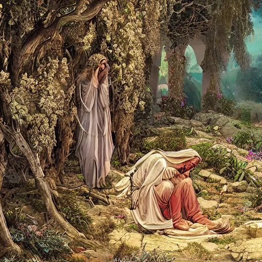 Prompt: Agony in the Garden of Getsemane. Beautiful and sad, digital art, hyper detailed intricate painting