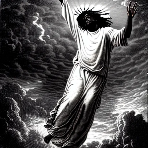 Image similar to chief keef ascending into heaven, biblical image, style of gustave dore, highly detailed, beautiful, high contrast