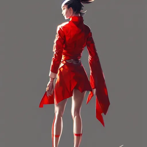 Image similar to full body long shot of Japanese female wearing red futuristic jacket and shorts, highly detailed, digital painting, artstation, concept art, sharp focus, illustration, art by greg rutkowski and alphonse mucha