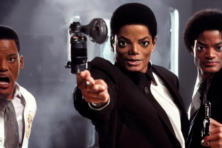 Image similar to michael jackson and will smith pointing the neuralyzer at men in black 3 iii