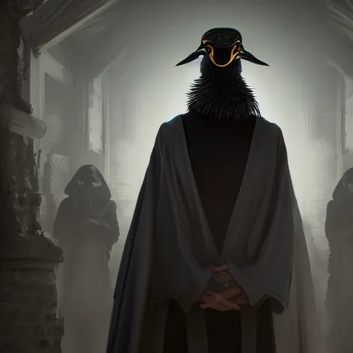 Prompt: wearing cultist white robe, the mallard order in background, black feathers, glowing arcane eyes, very detailed black feathers, ultra detailed, cgi, photorealistic, unreal engine 5, nft portrait, 3 d, digital art, 8 k, octane render, trending on art station,