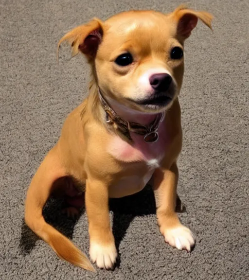 Image similar to fully grown tan pit bull, long - haired chihuahua, pomeranian mix