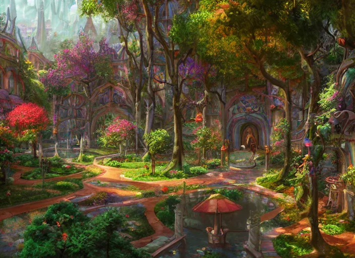 Image similar to A wide open courtyard in a beautiful, colorful elven city made of ivory, saturated colors, no haze, anime, lush trees, fountain, a fantasy digital painting by James Gurney, trending on Artstation, highly detailed