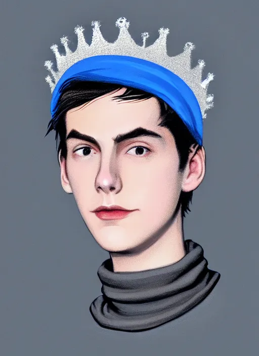 Image similar to portrait of teenage jughead jones wearing a light grey crown, crown, blue turtleneck, 1 9 5 0 s, closed eyes, photorealistic, black hair, glowing lighting, intricate, elegant, glowing lights, highly detailed, digital painting, artstation, concept art, smooth, sharp focus, illustration, art by wlop, mars ravelo and greg rutkowski