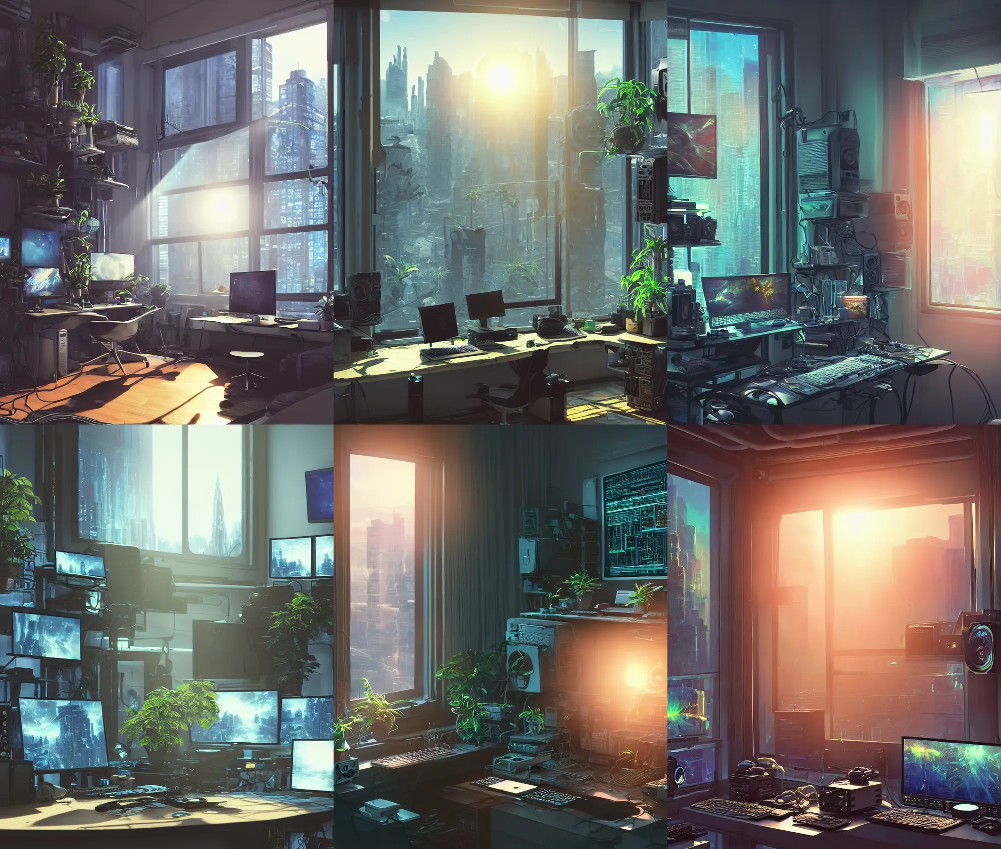 Image similar to detailed scifi artstation scene of a complex computer workstation in a small studio apartment room, single potted plant, many monitors, many electronics, a window view of the city, maximalism, volumetric light, sunny amber morning light, sun beam, cinematic composition, unreal engine, hyperrealism, realistic shading, blender render, photorealistic, wide shot