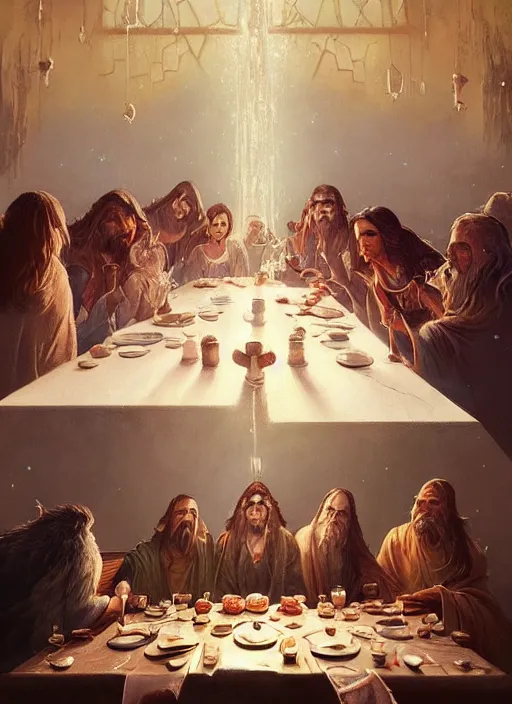 Image similar to the last supper beautiful painting by arthur addams and greg rutkowski and don bluth, highly detailed, illustration, epic, fantasy, intricate, hyper detailed, artstation, concept art, smooth, sharp focus, ray tracing