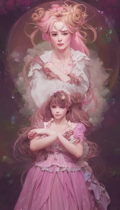 Image similar to portrait of magical lolita girl, dreamy and ethereal, pink eyes, peaceful expression, ornate frilly dress, fantasy, intricate, elegant, rainbow bubbles, highly detailed, digital painting, artstation, concept art, smooth, sharp focus, illustration, art by artgerm and greg rutkowski and alphonse mucha