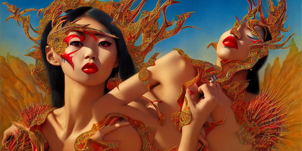 Image similar to giesha demon, innovative avant - garde art, deco fashion, asian women, highly detailed, photorealistic portrait by michael cheval, serene desert setting, crisp quality and light reflections, octane render, taror card with ornate border frame