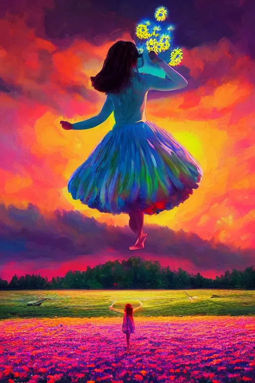 Image similar to giant daisy flower as head, girl dancing in a flower field, surreal photography, sunrise, dramatic light, impressionist painting, colorful clouds, digital painting, artstation, simon stalenhag