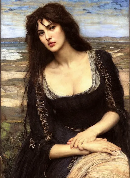Image similar to a beautiful painting of monica bellucci by John Everett Millais and Dante Gabriel Rossetti and John Collier and john william waterhouse, pre-raphaelite, detailed, trending on artstation, hd, masterpiece