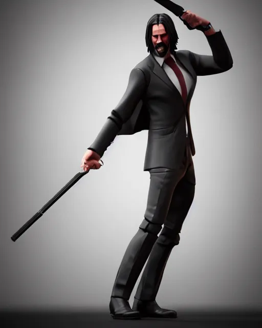 Prompt: full body 3d render of John Wick as a stylized action figure, studio lighting, white background, blender, trending on artstation, 8k, highly detailed