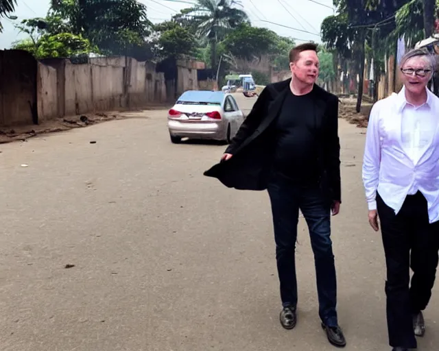 Prompt: elon musk and bill gates drunk in the streets of kinshasa