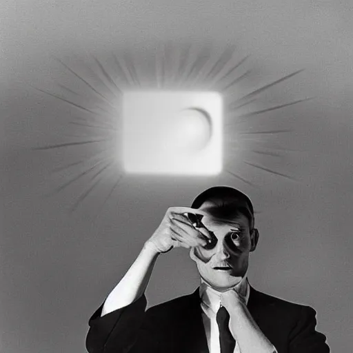 Prompt: man with projector head, 1960 photograph