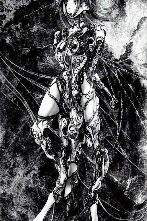 Image similar to a vertical portrait of a character in a scenic environment by Yoshitaka Amano, black and white, dreamy, cybernetic suit, wavy long black hair, highly detailed