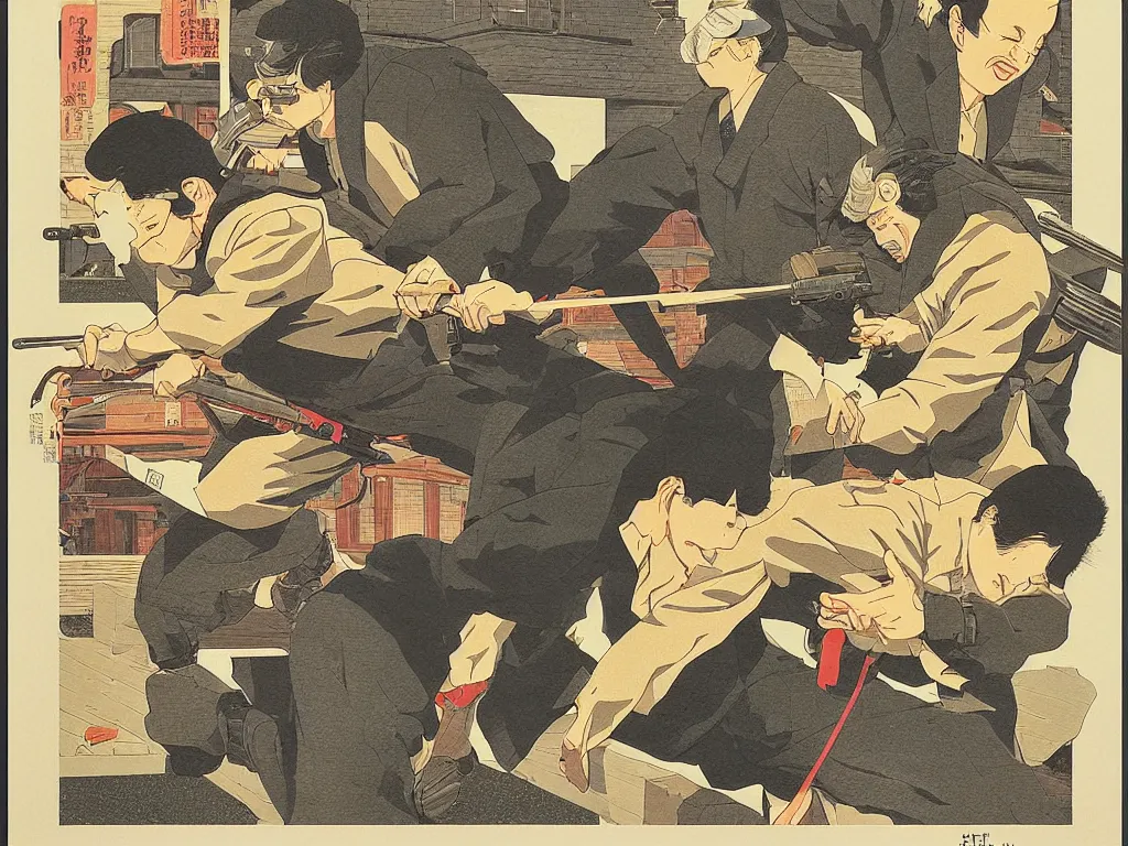 Prompt: I threw heavy objects down to kill the man, while he shot at me. I found a revolver but there were no bullets , screen print by Kawase Hasui and jeffrey smith