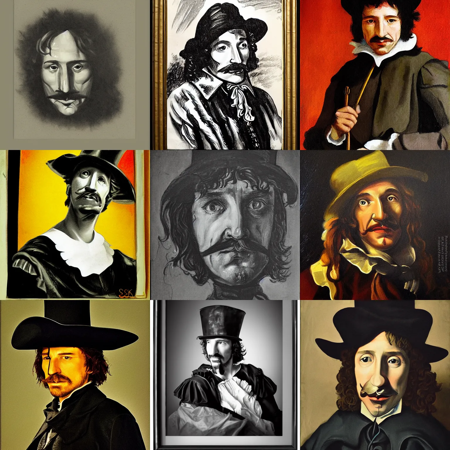 Prompt: portrait of Cyrano de Bergerac, dramatic, high contrast, theatrical, lumnious, cinematic lights, oil cqnvas by Csók István