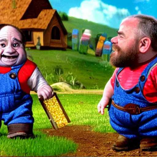 Image similar to a pudgy dwarf wearing blue overalls with a pocketful of gems holding a pickax, high resolution film still, HDR color, movie by Wolfgang Petersen and Peter Jackson