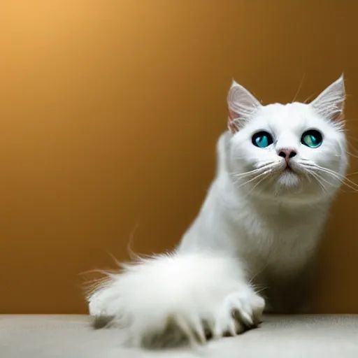 Image similar to cute little white cat in space with big eyes, hyper realistic, natural light, cozy atmospheric and cinematic lighting