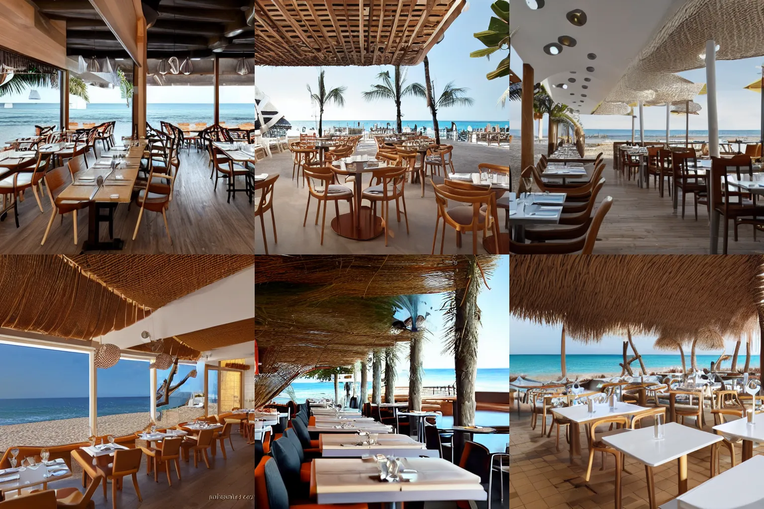 Prompt: a frech restaurant interior by the beach, by mobius