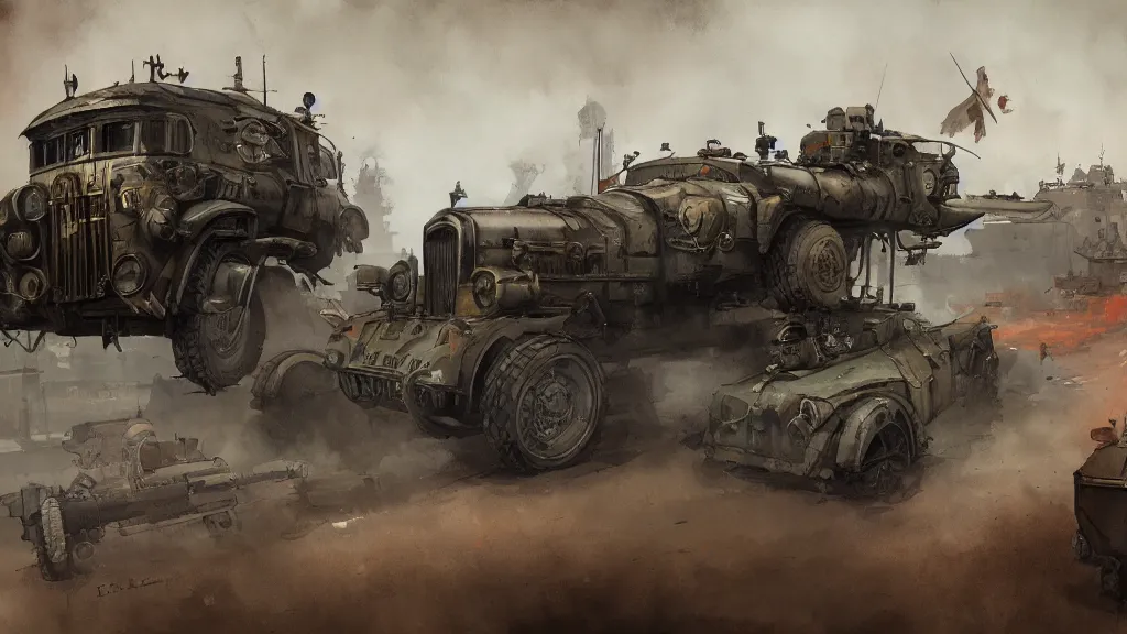 Image similar to overview of dieselpunk vehicle, watercolored, jakub rozalski, dark colours, dieselpunk, artstation