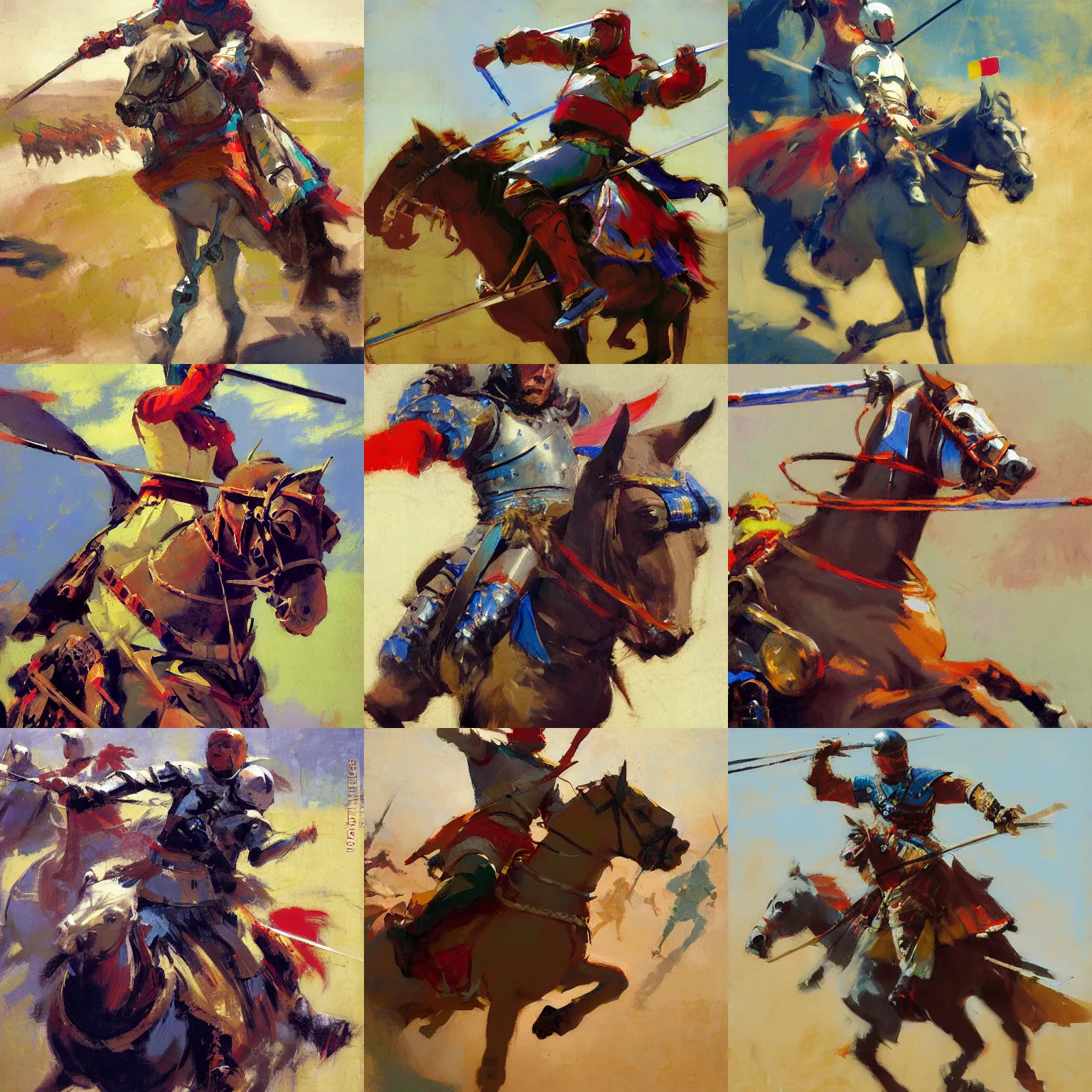 Prompt: close - up portrait of colorful rider pointing jousting lance at camera, caparisons, galloping, chainmail, by greg manchess, bernie fuchs, ruan jia, walter everett