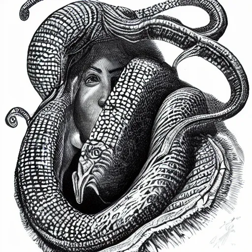 Image similar to detailed bust portrait of a noble fantasy humanoid moray eel warrior. hand drawn bestiary illustration