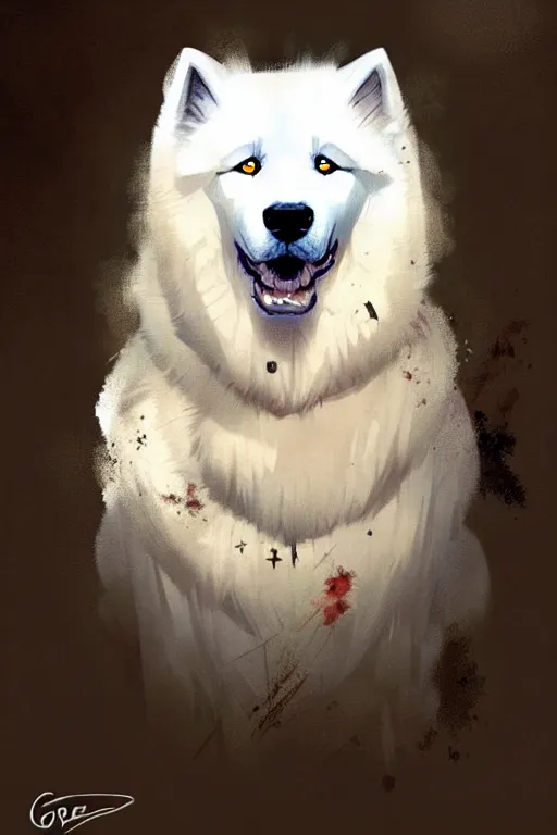 Prompt: greg rutkowski portrait of a heroic samoyed