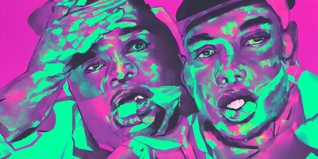 Prompt: close-up of rapper performing, digital art, vapor wave, hip hop, center blank, trending on Artstation, professional artist, detailed, 4k