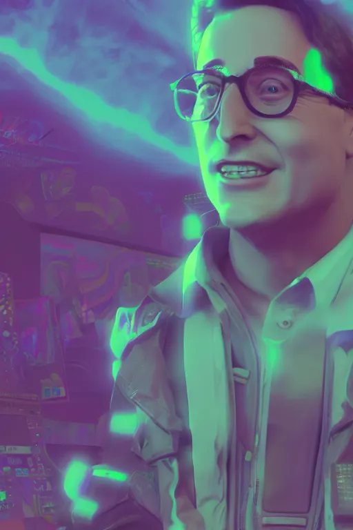 Prompt: bob saget, vaporwave style, dramatic, character showcase, dynamic lighting, 8 k, unreal 5 render, ray tracing, hyperrealistic, intricate, color grading