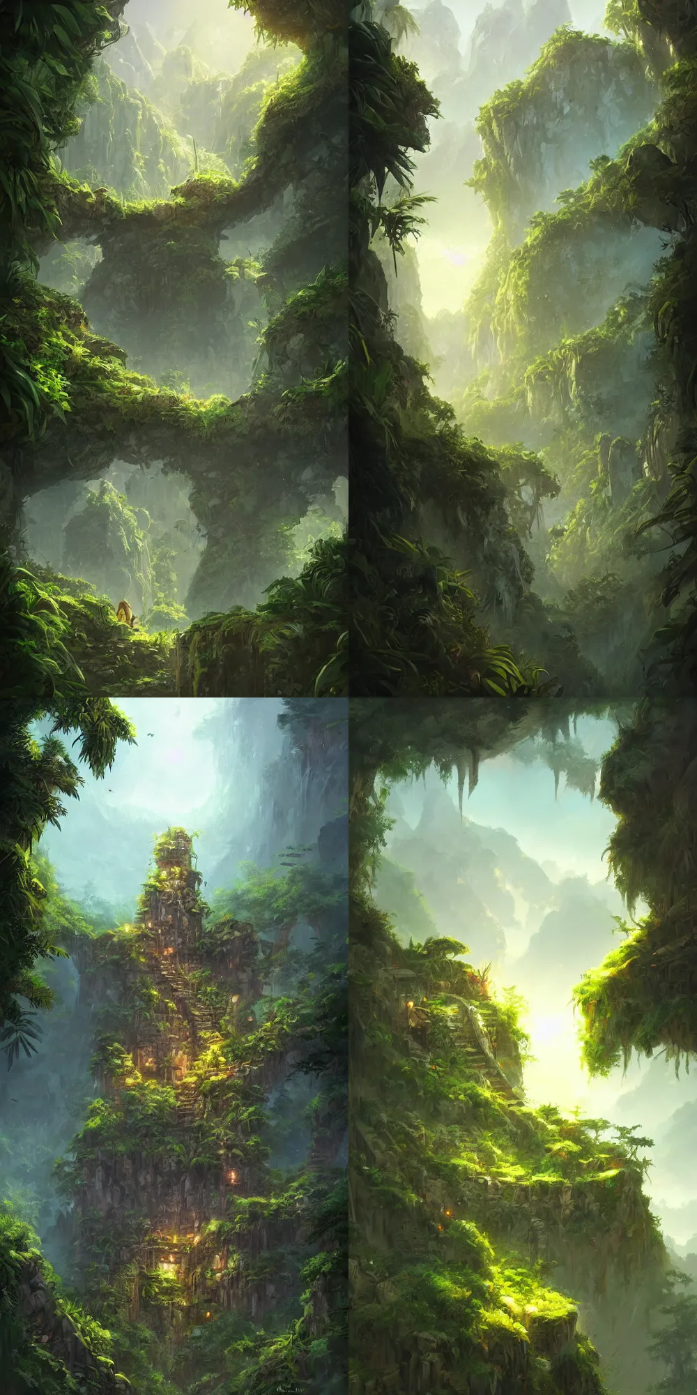 Prompt: jungle fortress high in the mountains, lush jungle, in the style Jordan grimmer, trending on art station