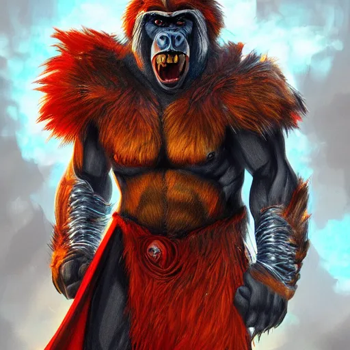 Image similar to fury art, an anthro ape wearing a large cape and a fantasy armor, fiery background, 3 d, 8 k, extremely detailed, trending on furaffinity, trending on artstation, award winning, sharp focus, illustration